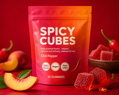 Spicy Cubes Peach and Chili Fusion gummies pouch